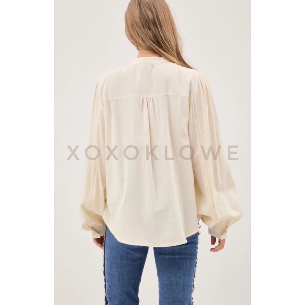 Boho Cream Blouse Flower Embroidery Button Front - Picture 7 of 13